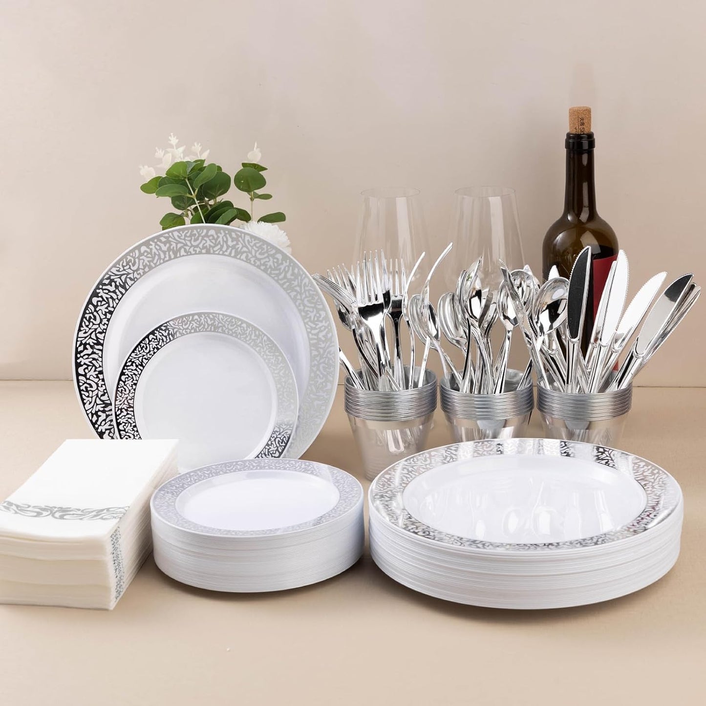 175PCS Silver Plastic Dinnerware Set for 25 Guests, Disposable Plates for Party, Wedding, Include 25 Dinner Plates, 25 Dessert Plates, 25 Set Silver Silverware, 25 Cups, 25 Napkins