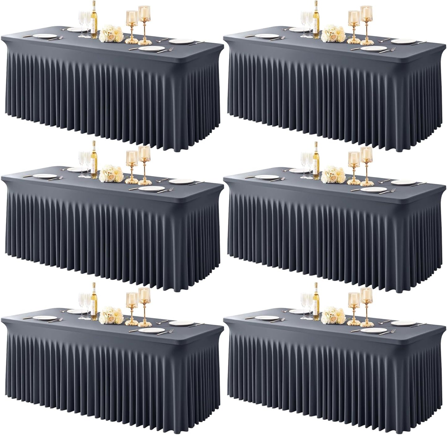 6 Packs Grey Table Clothes for 8 Foot Rectangle Tables, One-Piece Wrinkle Resistant Stretch Spandex Table Covers with Skirt for Event Banquet Wedding Birthday Party