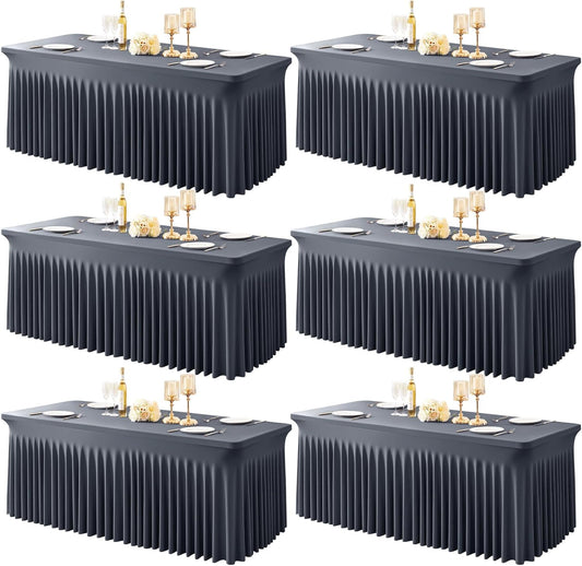 6 Packs Grey Table Clothes for 8 Foot Rectangle Tables, One-Piece Wrinkle Resistant Stretch Spandex Table Covers with Skirt for Event Banquet Wedding Birthday Party