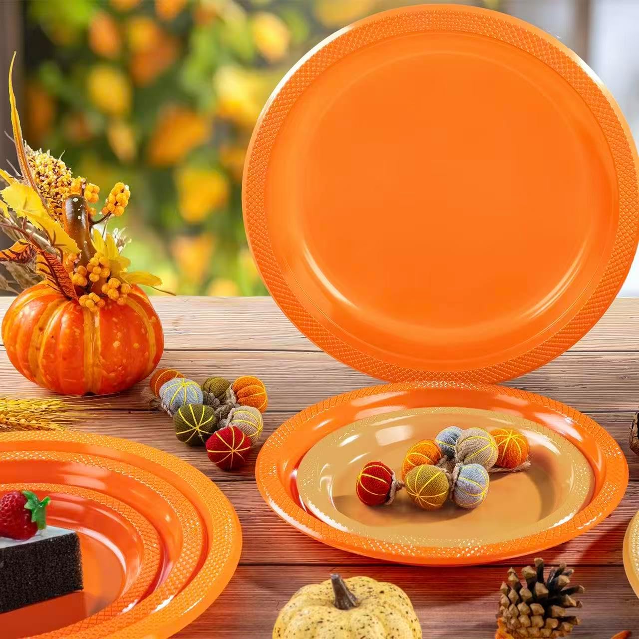 WELLIFE Orange Plastic Plates 7 Inch 50 Count Disposable Plate Thanksgiving Plates for Party, Dessert Small Plate for Dinner Cake Salad Supplies Birthday