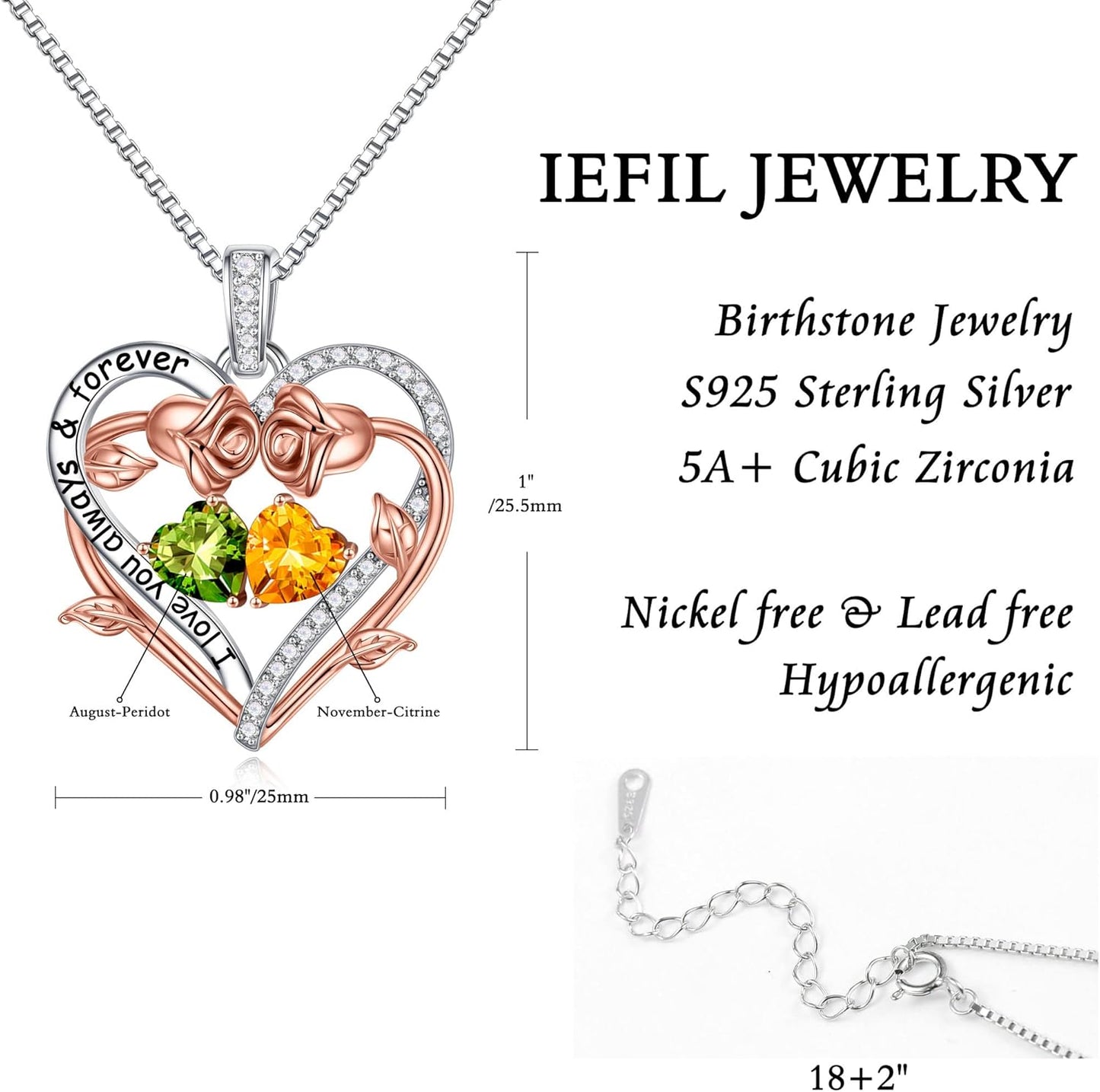 Iefil Rose Heart Double Birthstone Necklace Gifts for Wife Her Mom Women, Birthstone Jewelry Gemstone Birthday Gifts for Girlfriend Grandma Her Wife Women