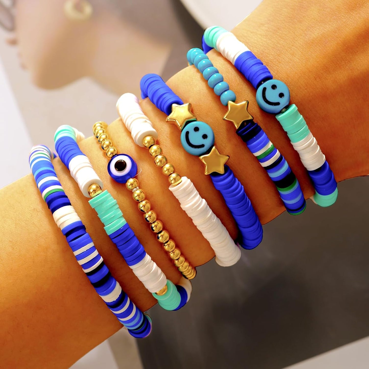 Friendship Bracelets for Women - Heishi Surfer Colorful Smile Evil Eye Clay Beaded Stretch Bracelets Elastic Layering - Stackable Boho Disc Y2K Aesthetic Summer Jewelry Set.