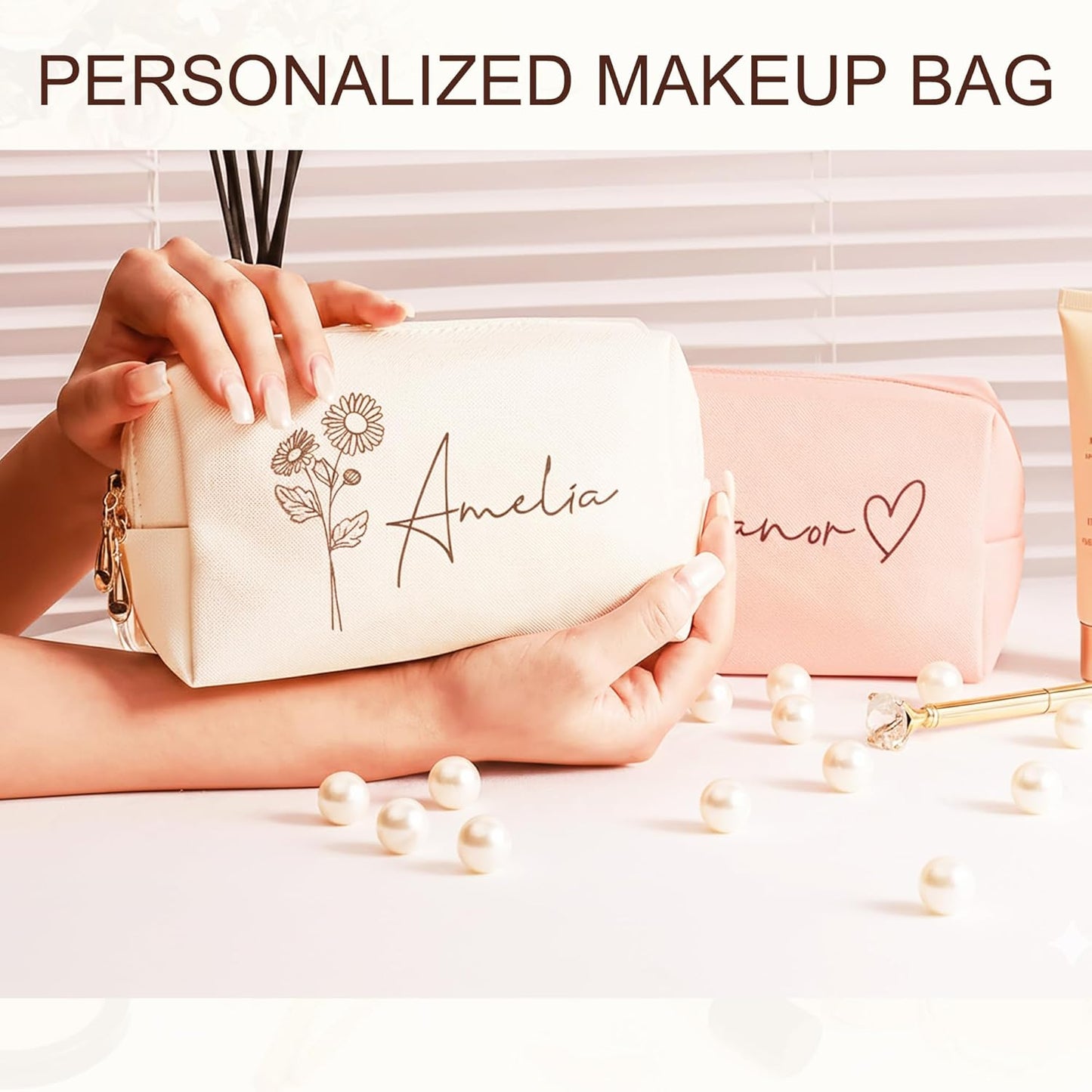 DayOfShe Personalized Name Makeup Bag for Bridesmaid Gifts Bridal Shower Wedding Gifts Custom Toiletry Bag Cosmetic Bag for Best Friend Birthday Gifts