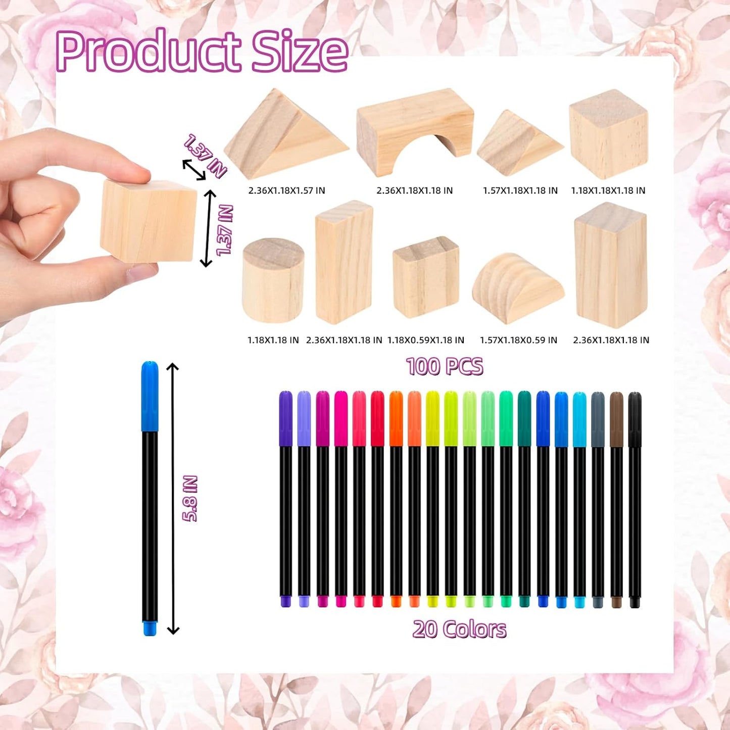 141 Pcs Baby Shower Game Sign Set Includes Decorative Square Signs 100 DIY Blank Wooden Blocks 20 Paint Markers(Flower)