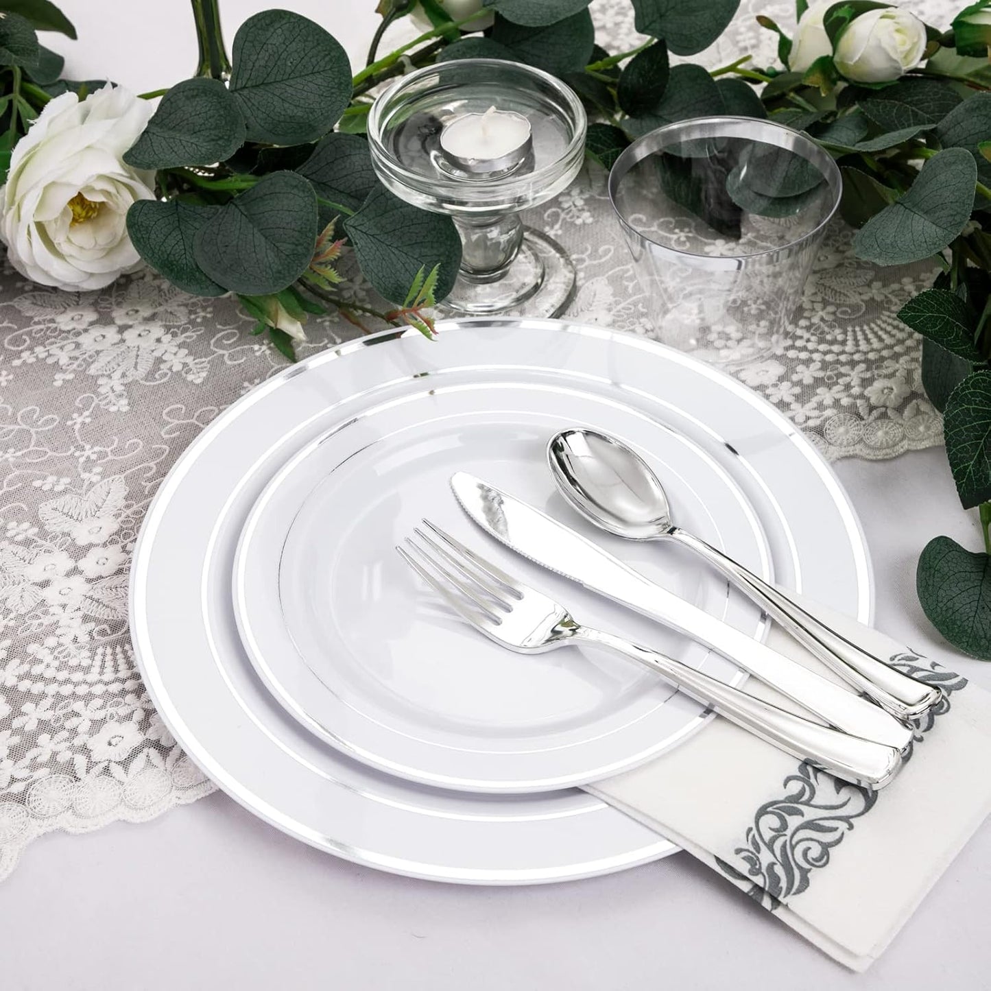 bUCLA 350PCS Silver Plastic Dinnerware Set for 50 Guests - Silver Plates Disposable Include 50 Dinner & 50 Dessert Plates,50 Forks,50 Knives,50 Spoons,50 Cups,50 Napkins for Party & Christmas