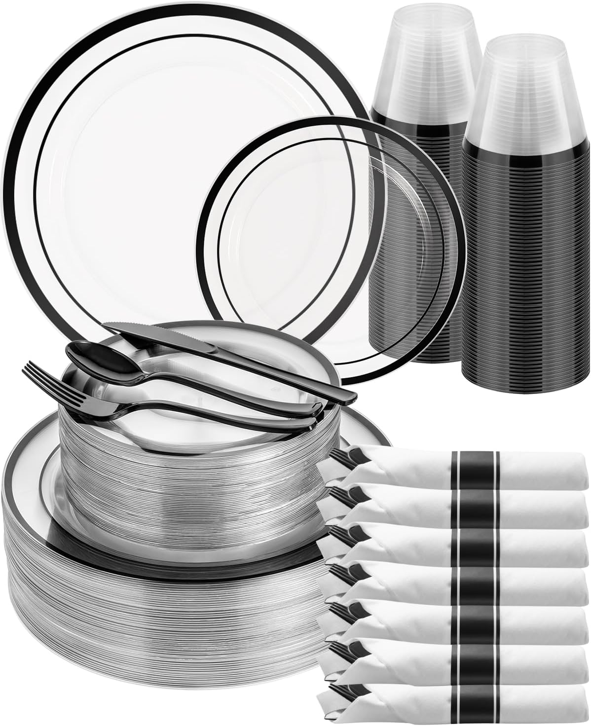 Goodluck 350 Piece Black Plastic Plates, Clear Plastic Silverware Disposable Plates Set, Include 100Plates, 50Pack Pre Rolled Napkins with Silverware, 50Cups for Party, Wedding, Graduation