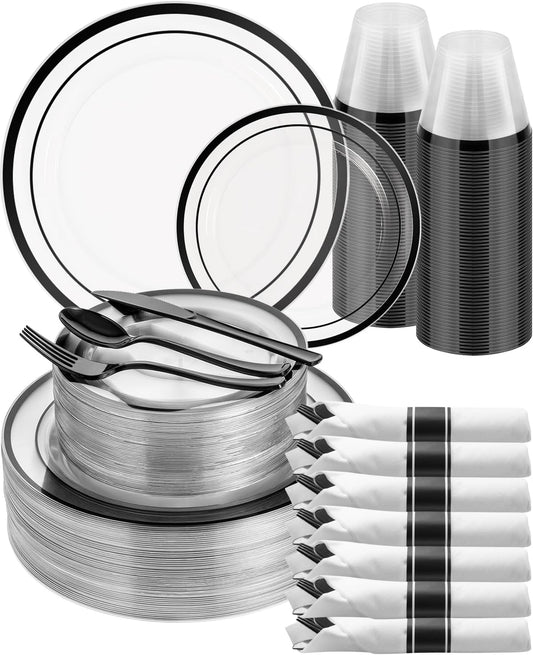 Goodluck 350 Piece Black Plastic Plates, Clear Plastic Silverware Disposable Plates Set, Include 100Plates, 50Pack Pre Rolled Napkins with Silverware, 50Cups for Party, Wedding, Graduation