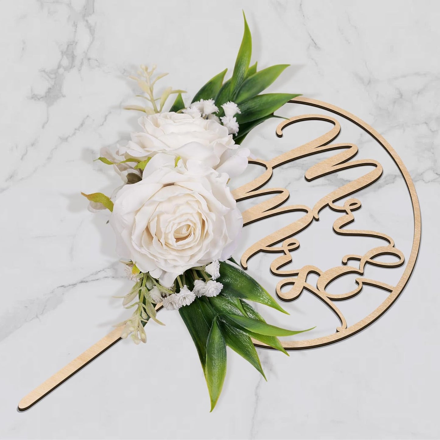 Mr & Mrs Wedding Cake Topper with 3D Artificial White Flowers and Green Leaves Wooden Cake Decoration for Wedding 3D White Roses