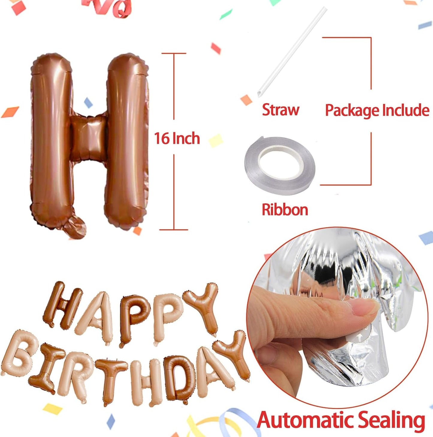 KALOR Beige and Brown Happy Birthday Balloons Banner, 16 Inch Mylar Foil Letters Balloon Sign for Women, Men, Boys & Girls Kids Birthday Decorations Photo Backdrop