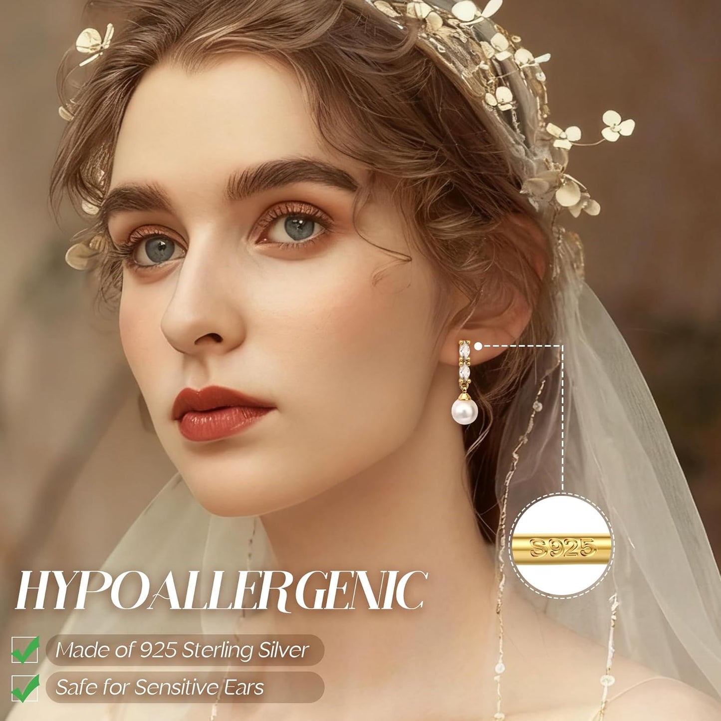 14K Gold Plated Pearl Jewelry Set for Women - 925 Sterling Silver Post Dangle Earrings Dainty Pearl Necklace Bracelet Wedding Jewelry Sets for Bride Bridesmaid CZ Costume Accessories Trendy