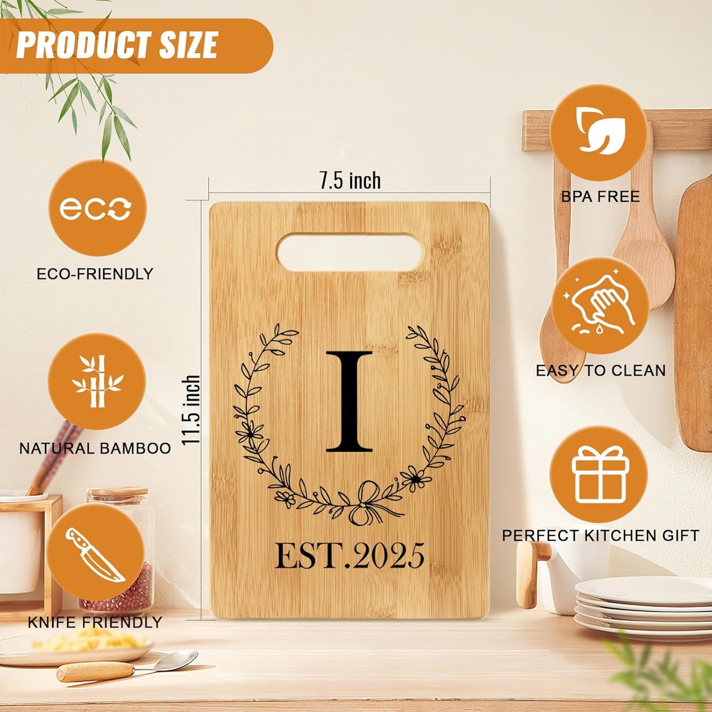 Personalized Cutting Board, Monogrammed Wedding Gift for Couple Newlywed 2025, Initial Birthday Gifts for Women, Gift for Bridal Shower Wedding Shower Engagement Anniversary Housewarming(Letter-I)