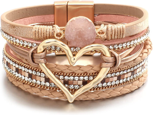 Leather Wrap Bracelet for Women Beaded Cuff Bracelet with Heart-shape Decor Bohemian Crystal Bracelet Jewelry with Clasp Bangle Bracelet for Women Girls Birthday Holiday Gift