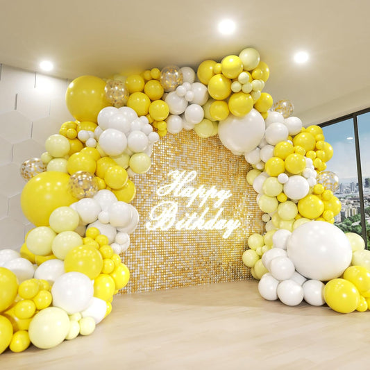 Yellow Balloon Arch Kit, 140Pcs Pastel Yellow White and Gold Confetti Balloons Different Size Balloon for Baby Shower Gender Reveal Birthday Wedding Sunflower Honey Bee Theme Party Decorations