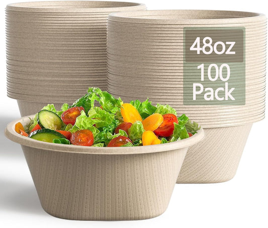 Homestockplus 48 Oz Natural Disposable Paper Bowls [100 Pack] - Heavy Duty, Eco-Friendly Compostable Salad Bowls for Organic Food, Farm to Table, Salad, BPA-Free, Microwave Safe (Unbleached)