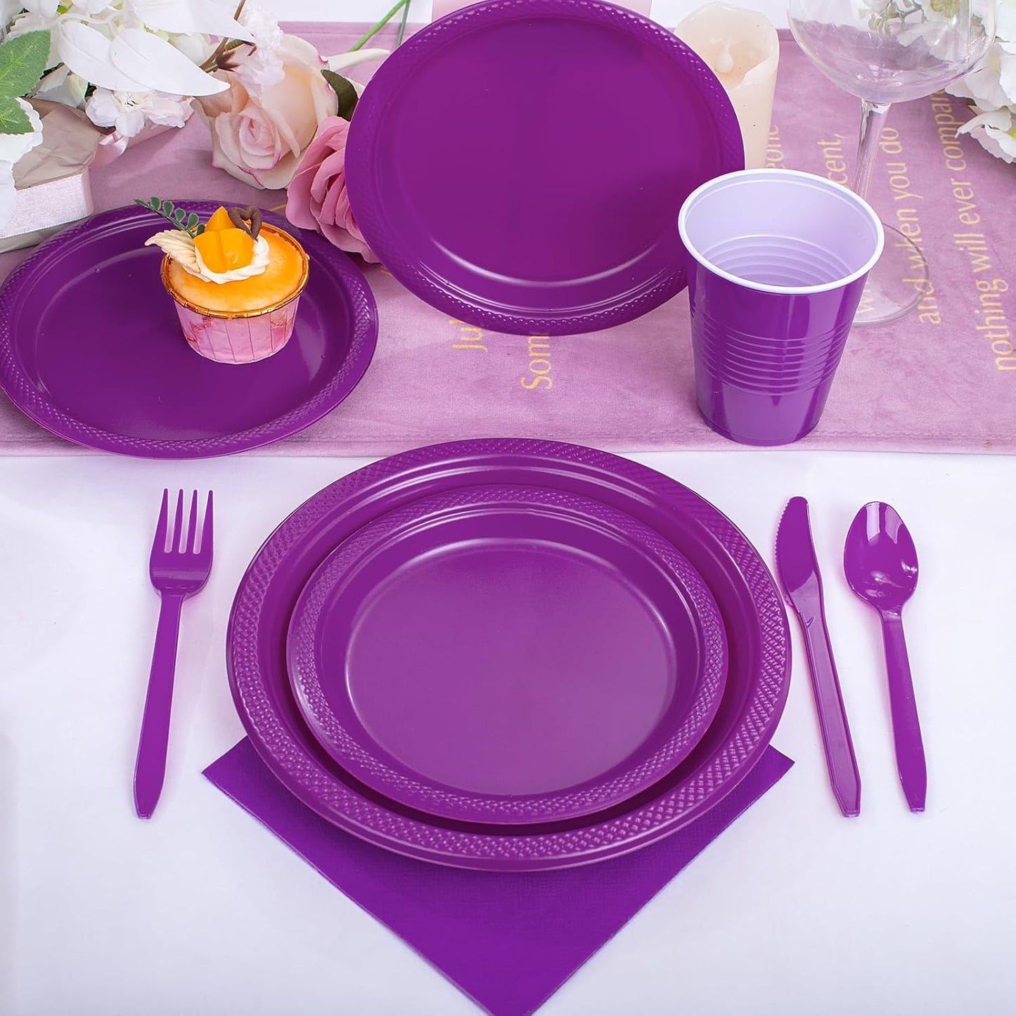 WELLIFE 210Pcs Purple Plastic Dinnerware Set, Party Supplies Including Party Plates and Cups and Napkins Sets for 30 Guests, Purple Plastic Plates