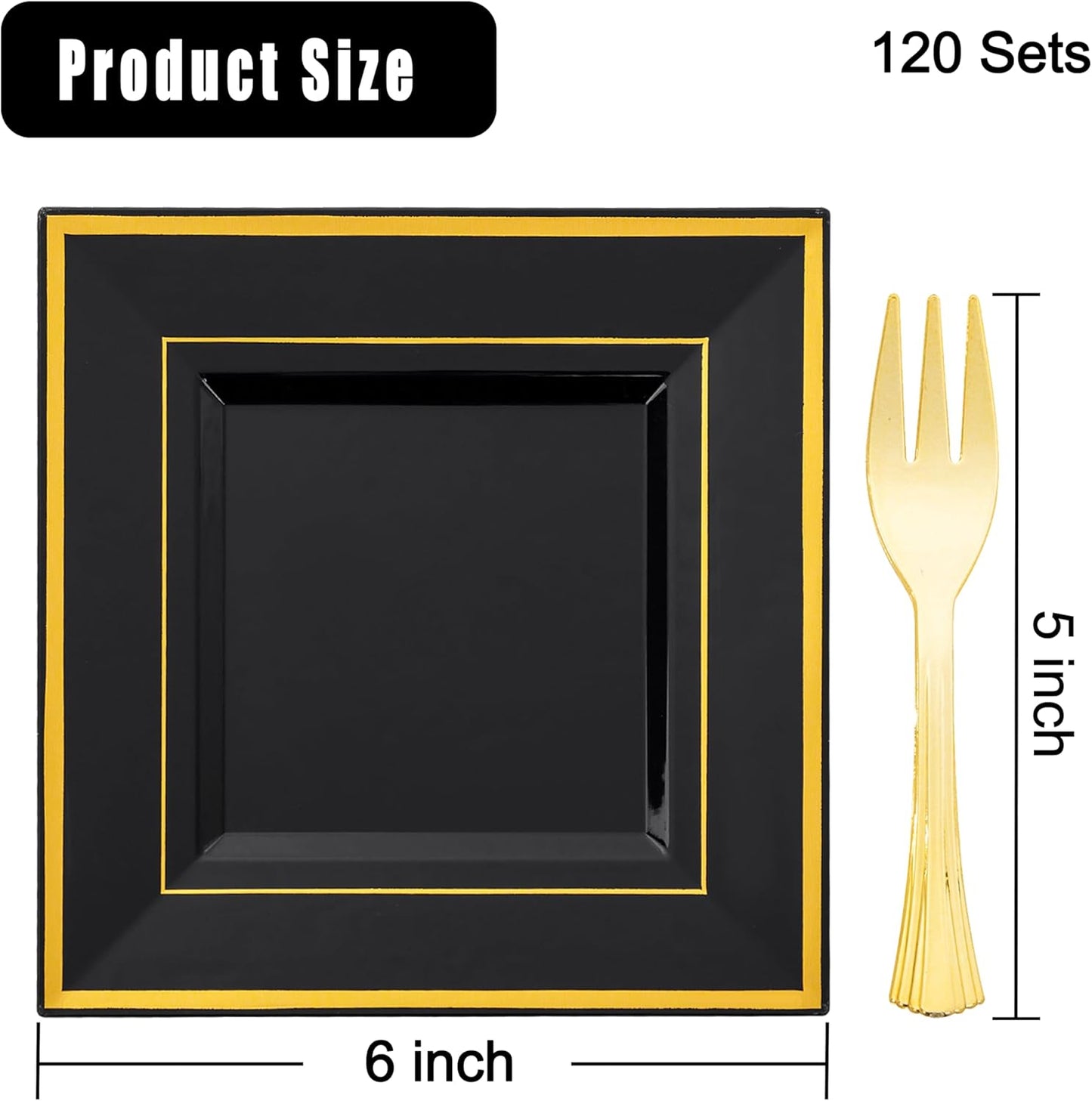 WDF 200PCS Black and Gold Plastic Dessert Plates with Plastic Forks -6’’ 100 Square Disposable Appetizer Plates Small Plate Cake Plate with Gold Rim for New Year