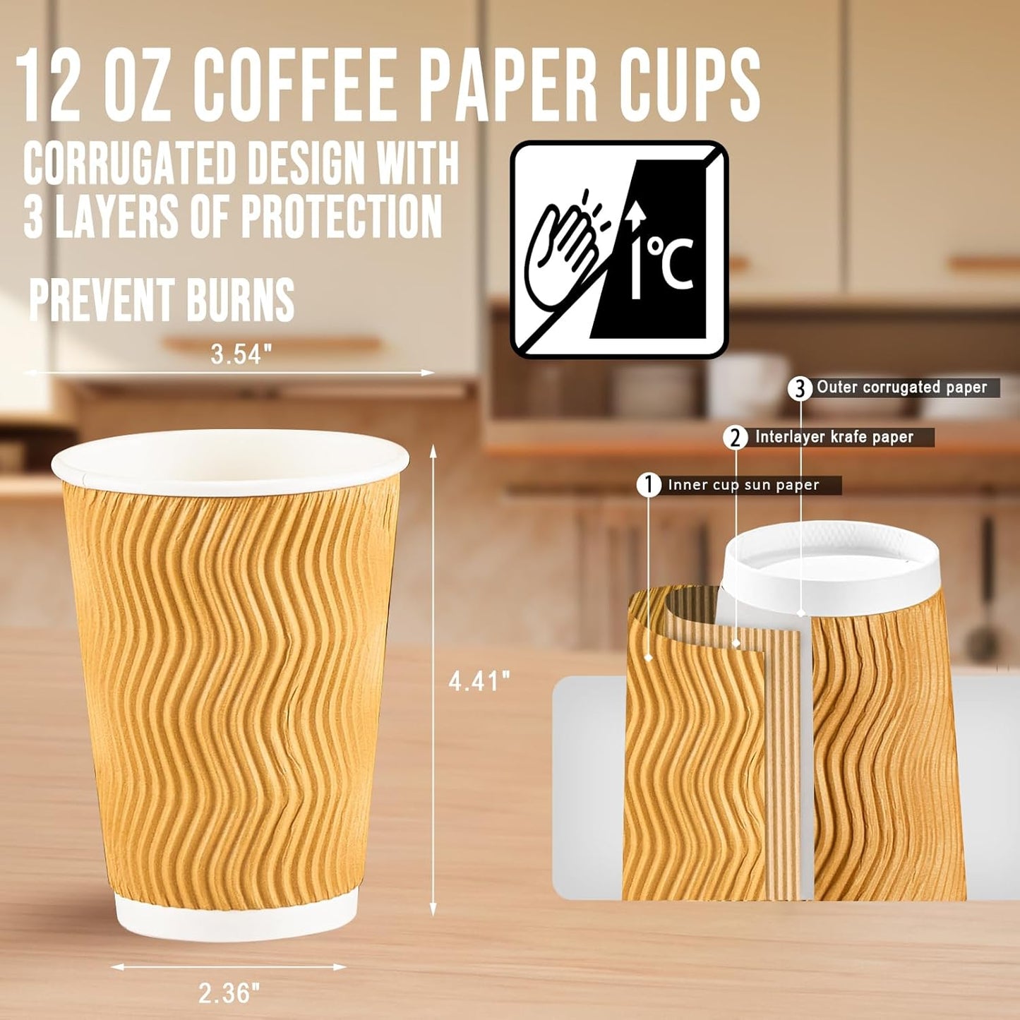 100 Pack 12 oz Disposable Paper Coffee Cups, Leak Proof Insulated Ripple Wall Hot Cups for Espresso, Coffee, Tea, Hot Chocolate, To Go Drinks (Home, Office, Cafe Bar)