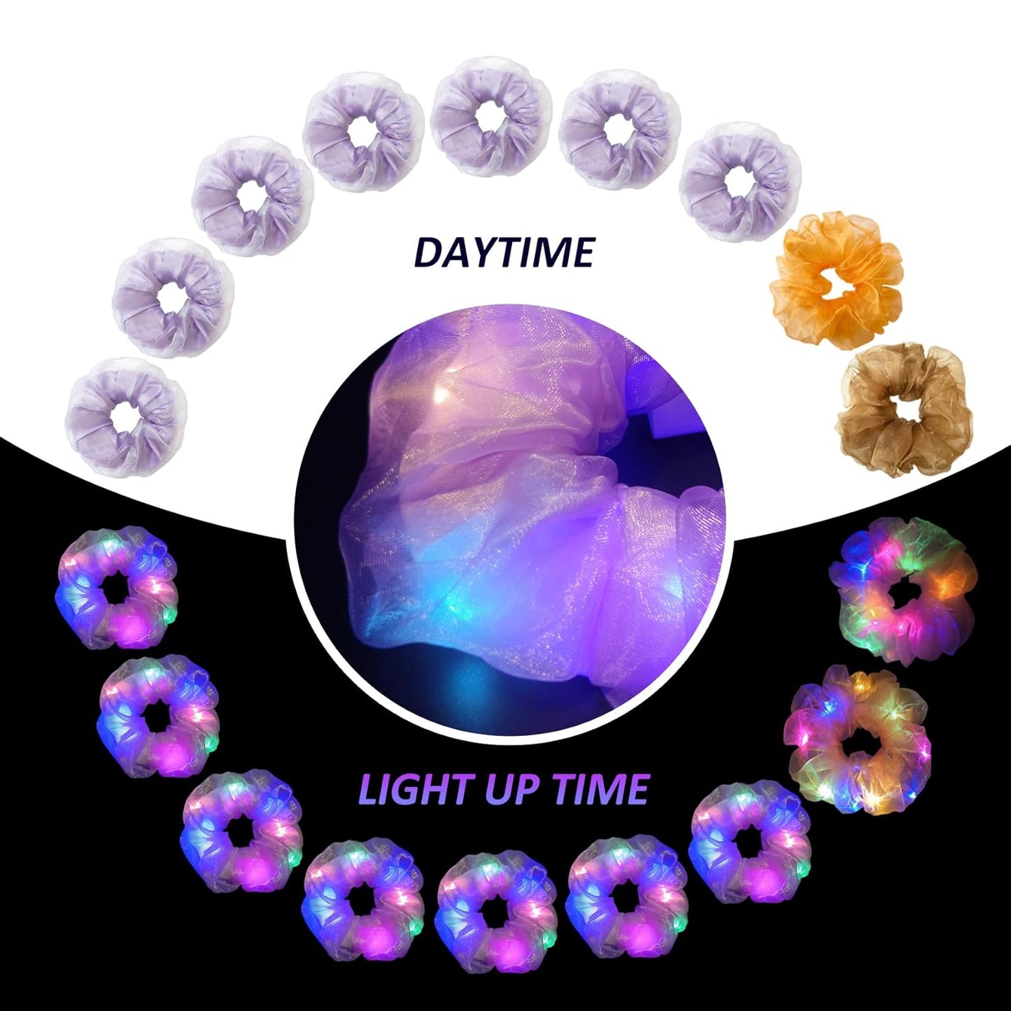 Light Up Scrunchies, Mother's Day Gifts Hair Ties Glow in the Dark Party Supplies Glow Sticks Party Favor Festival Rave Accessories for Neon Party, Fun Hair Scrunchies (9PCS-Purple Set)