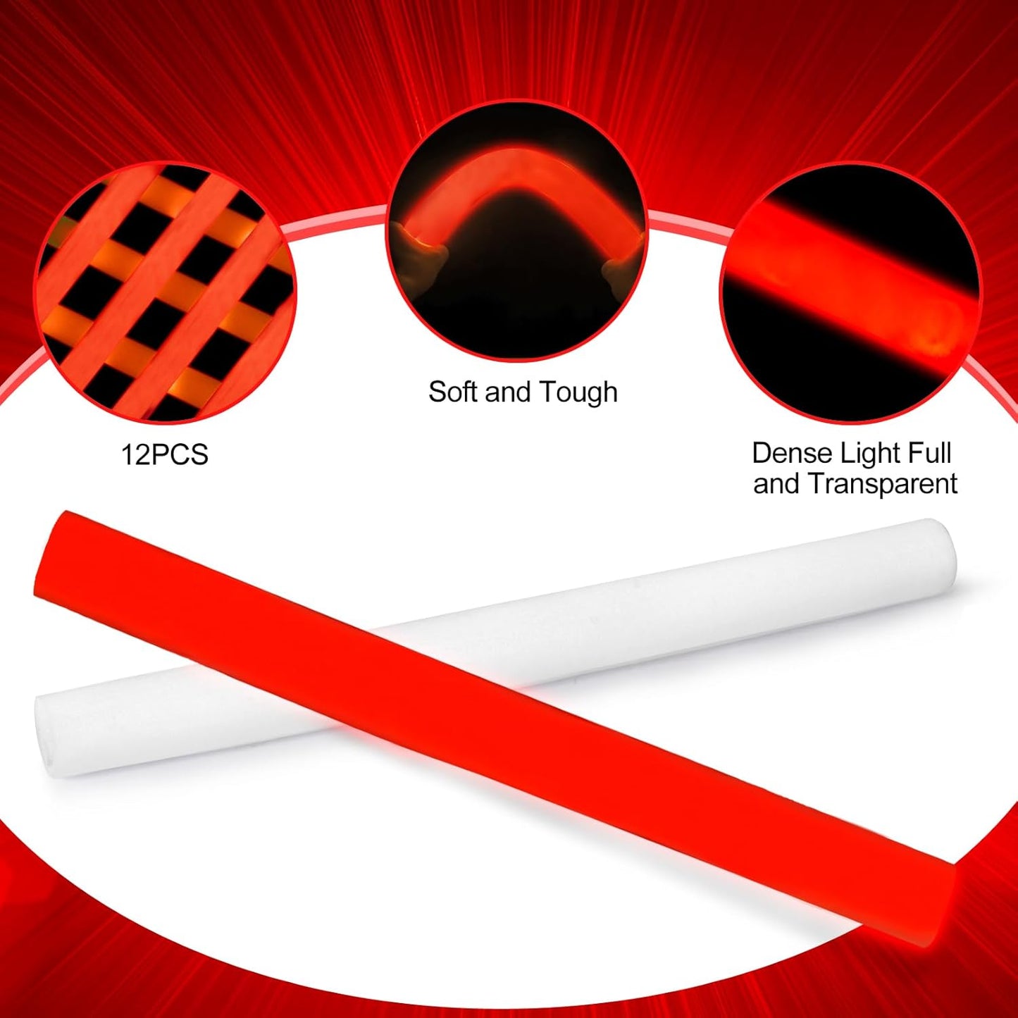 Glow Foam Wand, 36 Pcs Red Giant LED Light Up Sticks Flashing Glowing Baton Wands Party Supplies for Wedding, Raves,Concert,Birthday,Christmas, Halloween,Sporting Events