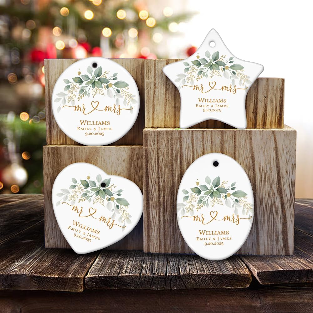 Personalized Mr and Mrs Wedding Ornament with Last Name and Date, Custom Heart Botanical Christmas Keepsake for Newlyweds – Romantic Wedding Gifts for Couple