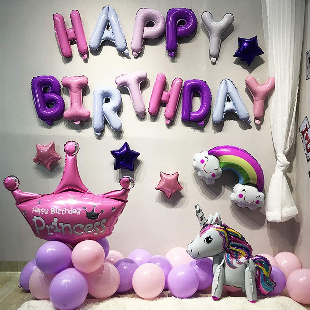 KALOR Purple Pink Happy Birthday Balloons Banner, 16 Inch Mylar Foil Letters Balloon Sign for Girls Women Birthday Decorations Photo Backdrop