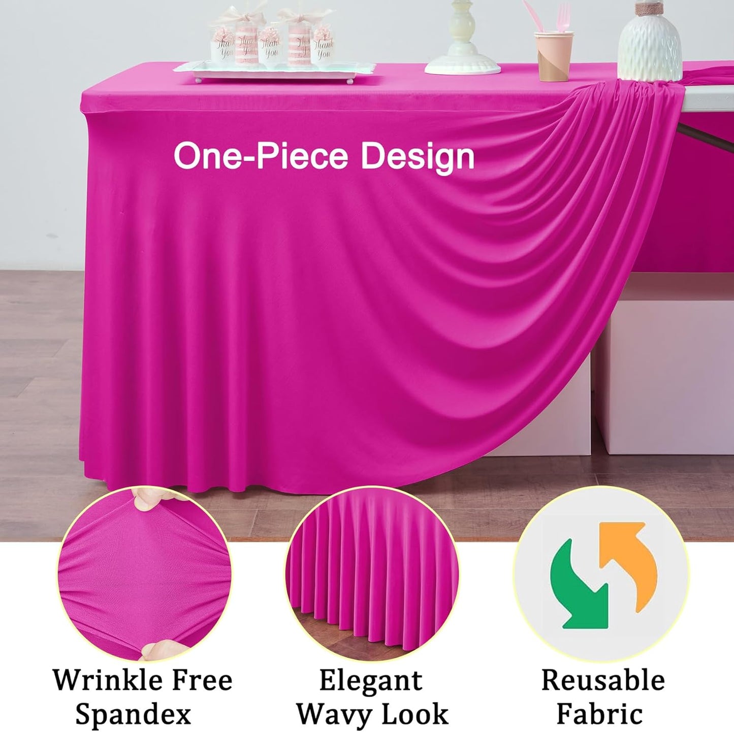 2 Pack Hot Pink Spandex Tablecloths for 8 Foot Rectangle Tables, Wrinkle Free Fitted Table Cloths Fuchsia 8ft Stretchy Table Cloth Cover with Skirt for Parties Weddings Birthday Banquet Baby Shower