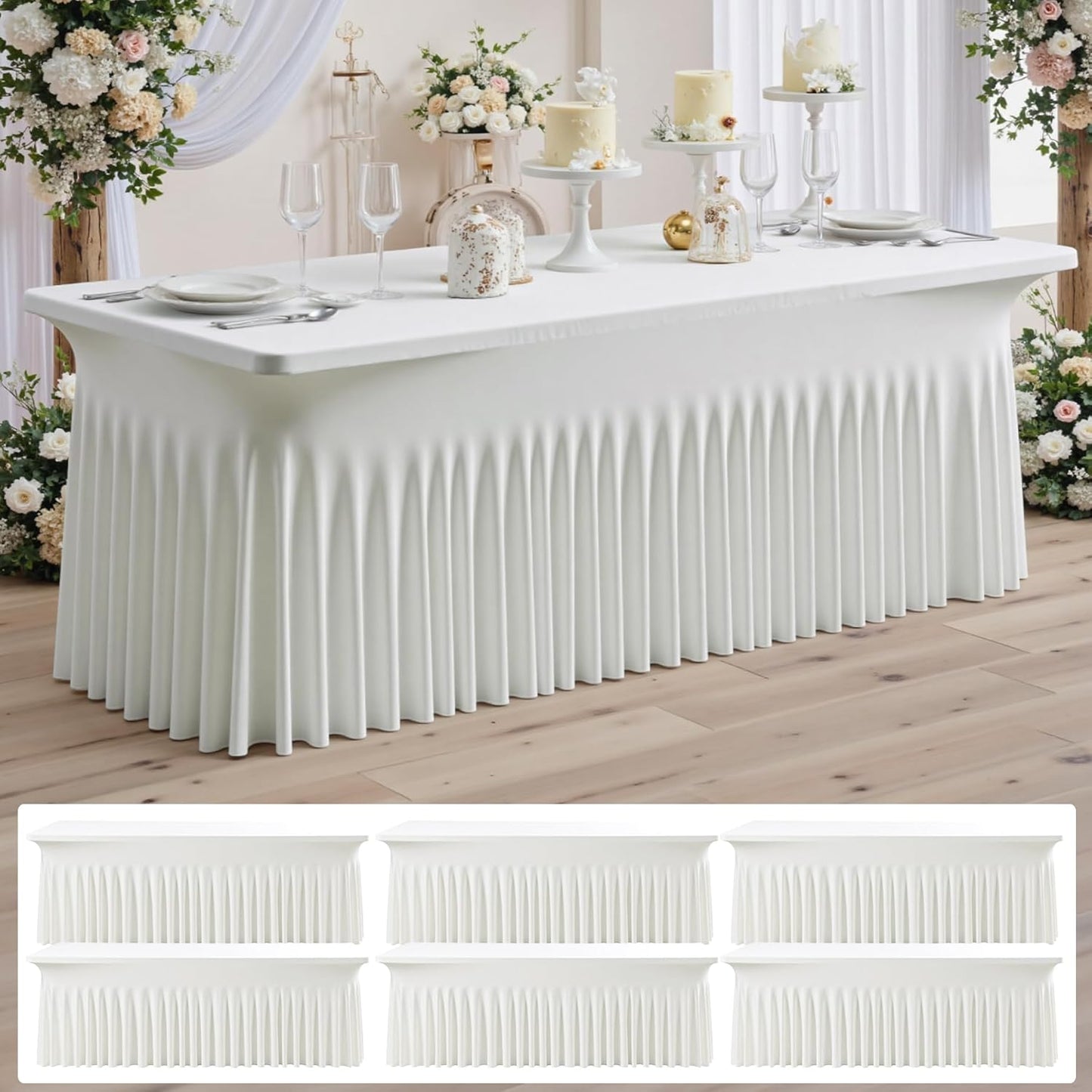 NSSONBEN 4 pk Ivory Spandex Tablecloths for 8 Foot Rectangle Tables,Wrinkle Free Stretchy Cream Table Clothes Fitted Table Cover 8 ft Desk Skirt for Parties Weddings Birthday Banquet Baby Shower