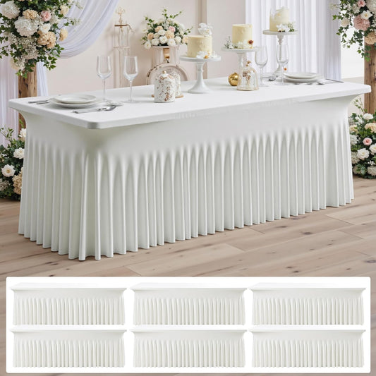 NSSONBEN 4 pk Ivory Spandex Tablecloths for 8 Foot Rectangle Tables,Wrinkle Free Stretchy Cream Table Clothes Fitted Table Cover 8 ft Desk Skirt for Parties Weddings Birthday Banquet Baby Shower