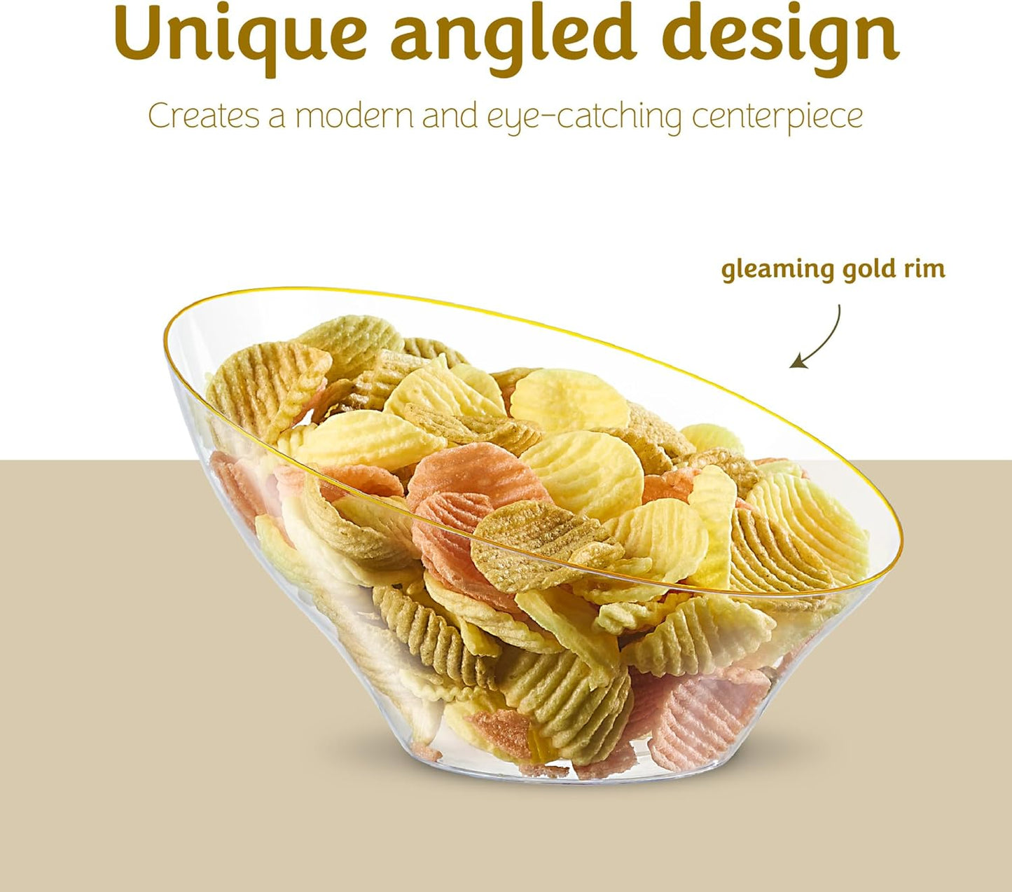 PLASTICPRO Angled Plastic Bowls Disposable Medium Plastic Clear Serving Bowls with Gold Rim for Party for Appetizer Salads Pack of 4