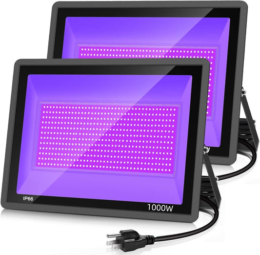 2 Pack 1000W LED Black Flood Light, Big Black Light Outdoor with Plug and Switch, IP66 Waterproof Blacklight for Glow Party, Halloween, Fluorescent Poster, Body Paint, Aquarium