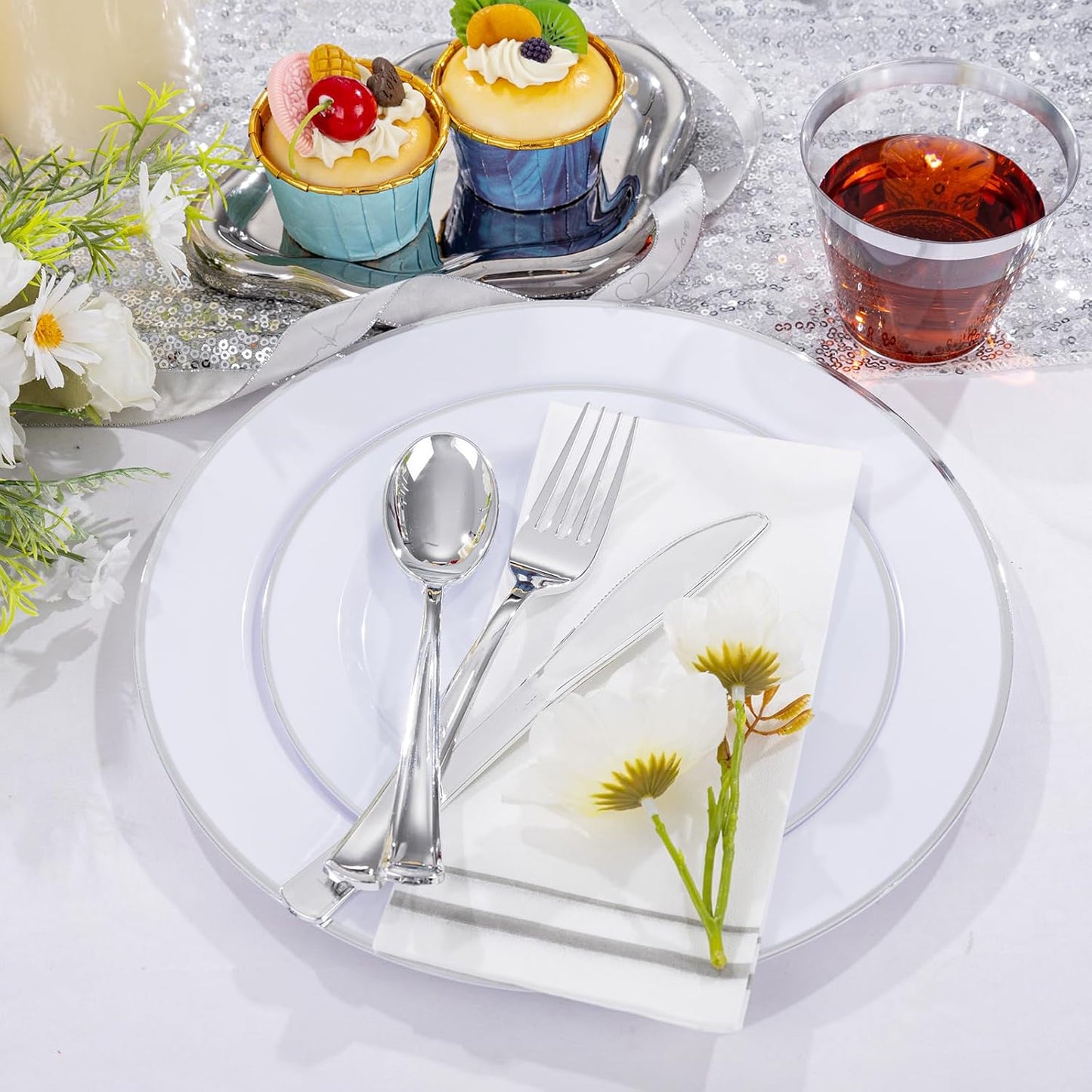 SUT 350 Piece Silver and White Plastic Dinnerware Set for 50 Guests, Disposable Plastic Plates, Include: 50 Dinner Plates, 50 Dessert Plates, 50 Pre Rolled Napkins with Silver Silverware, 50 Cups