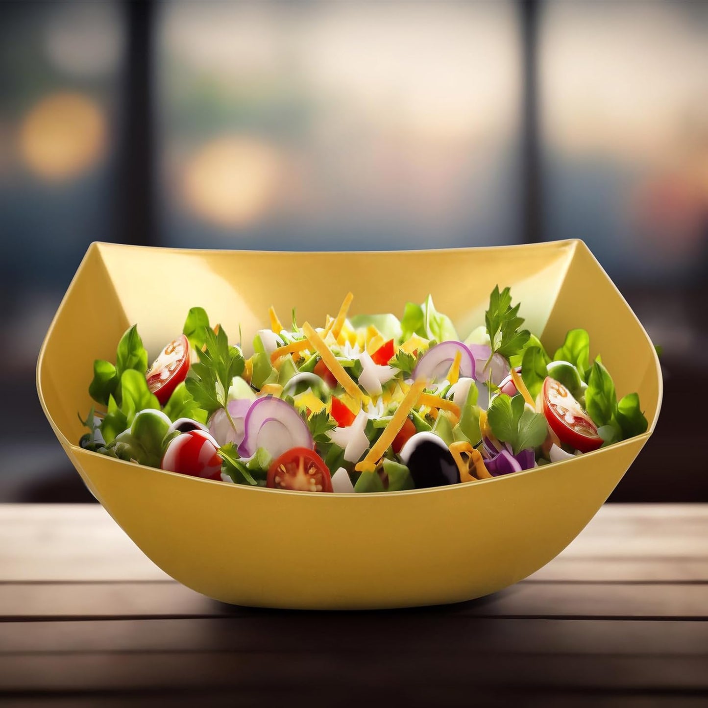 Tanlade 50 Pcs Square Plastic Serving Bowls Disposable Snack Salad Bowl Small Party Candy Bar Containers Taco Bar Serving Dishes for Buffet Chips Fruit(Gold,16 oz)