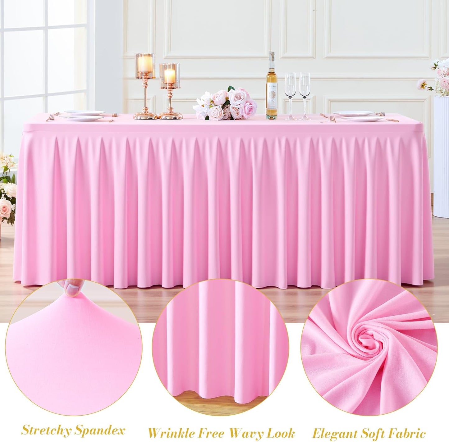 8 Pack Pink Rectangle Tablecloth 8 FT Stretch Spandex Fitted Table Cloth for 8 Foot Rectangle Tables Banquet Tablecloths Wrinkle Free Table Cover Skirt Ruffle Tablecloth for Party Wedding Birthday