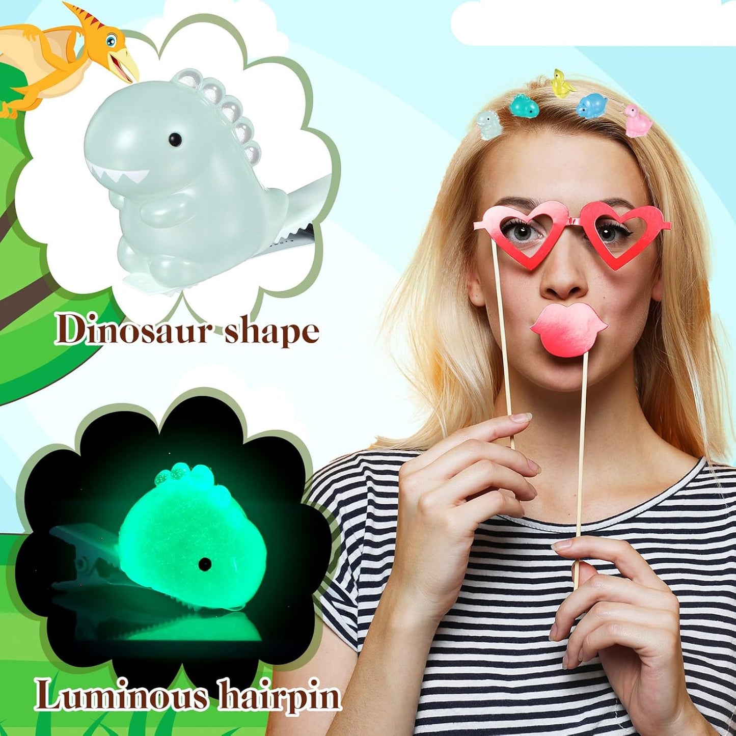 30 Pcs Mini Glow Hair Clips Girls Rave Hair Clips for Women Christmas Music Festival Holiday Party Supplies (Dinosaur)