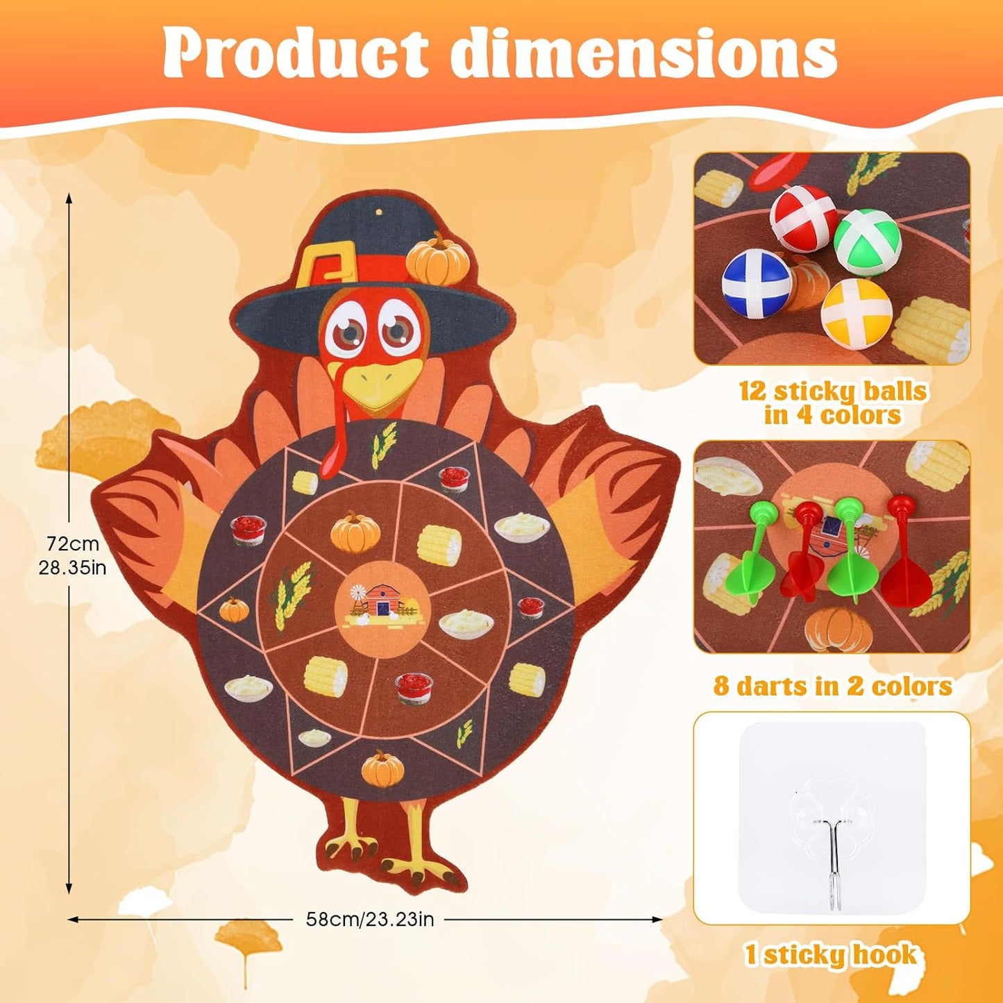 Thanksgiving Games Turkey Dart Board for Family, Teen Adults with 12 Sticky Balls and 8 Darts, Thanksgiving Activities Games Toys Party Favors Gifts