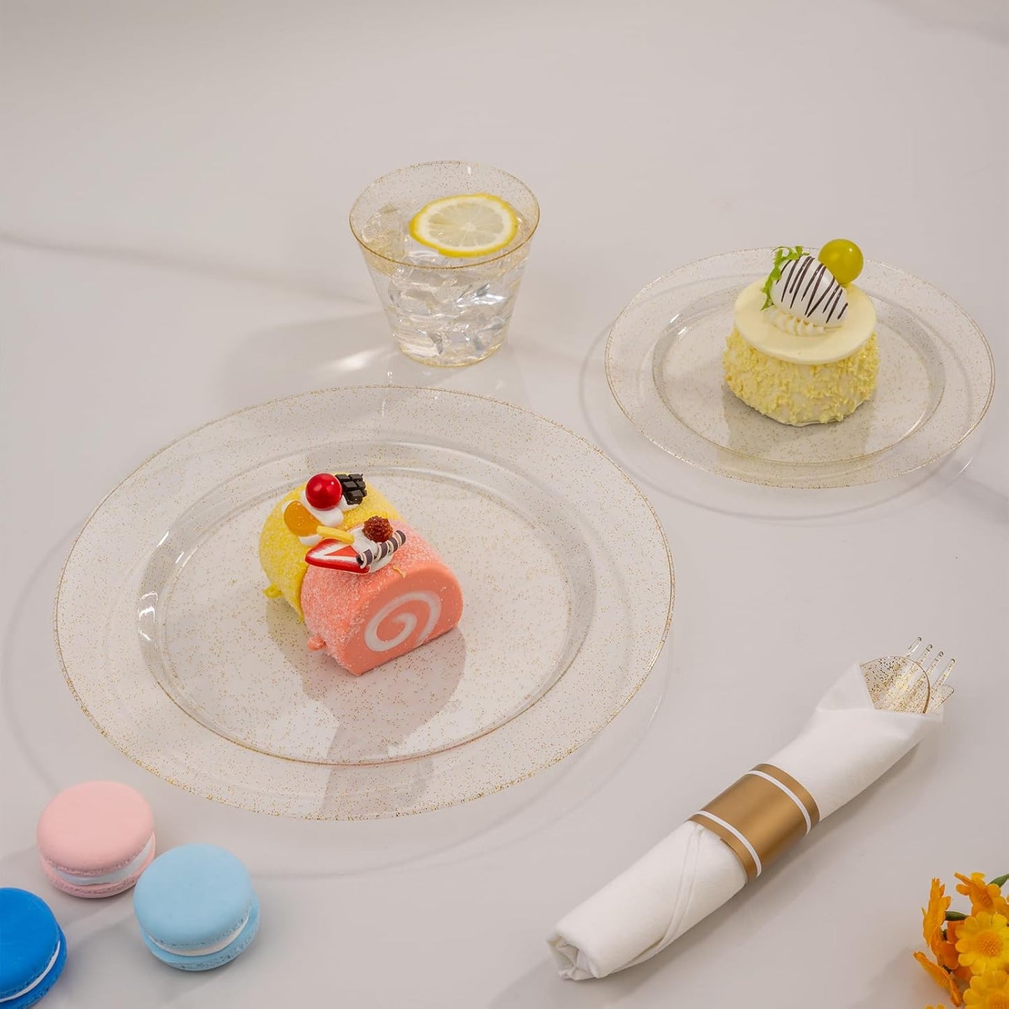 350 PCS Transparent Base With Pink Tint Plastic Dinnerware Set for 50 Guests, 100 Plates for Party, 50 Pre Rolled Napkins with Gold Silverware, 50 Cups