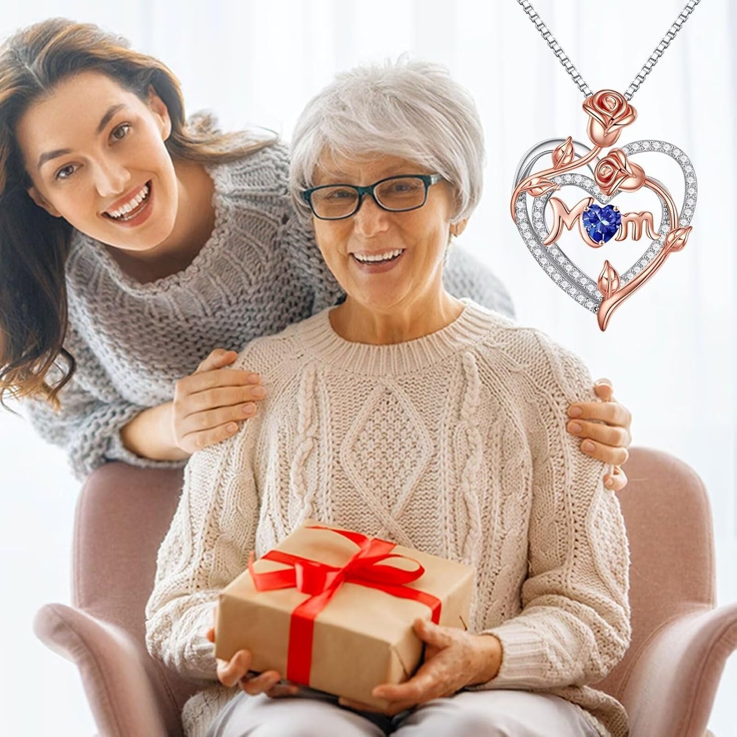 Iefil Christmas Gifts for Mom- 925 Sterling Silver Necklace, Rose Heart Birthstone Necklace, Stocking Stuffers for New/Step/Bonus Mom/Mother in Law