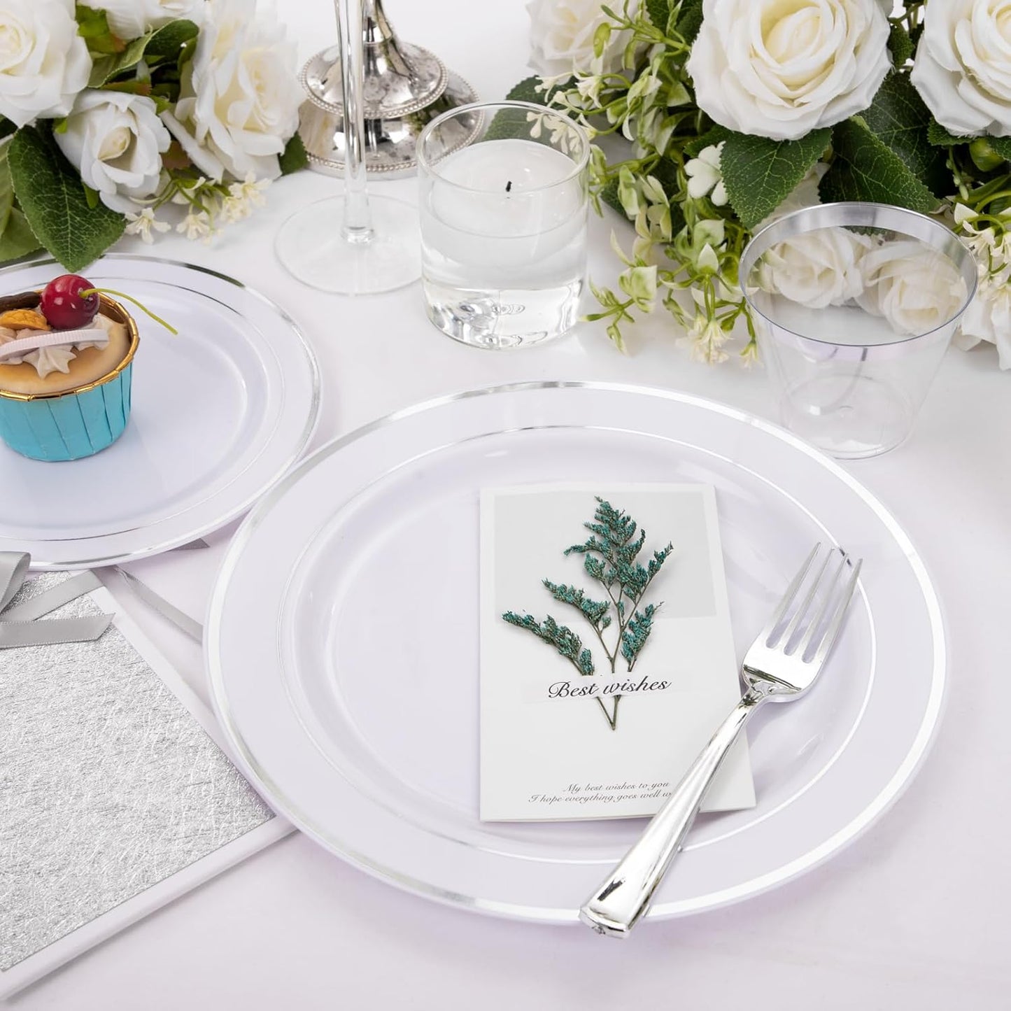 bUCLA 150-Piece Silver Disposable Dinnerware Set - White Plastic Plates with Silver Rim - Include 25 Dinner Plates, 25 Dessert Plates, 25 Forks, 25 Knives, 25 Spoons & 25 Cups for Party & Christmas