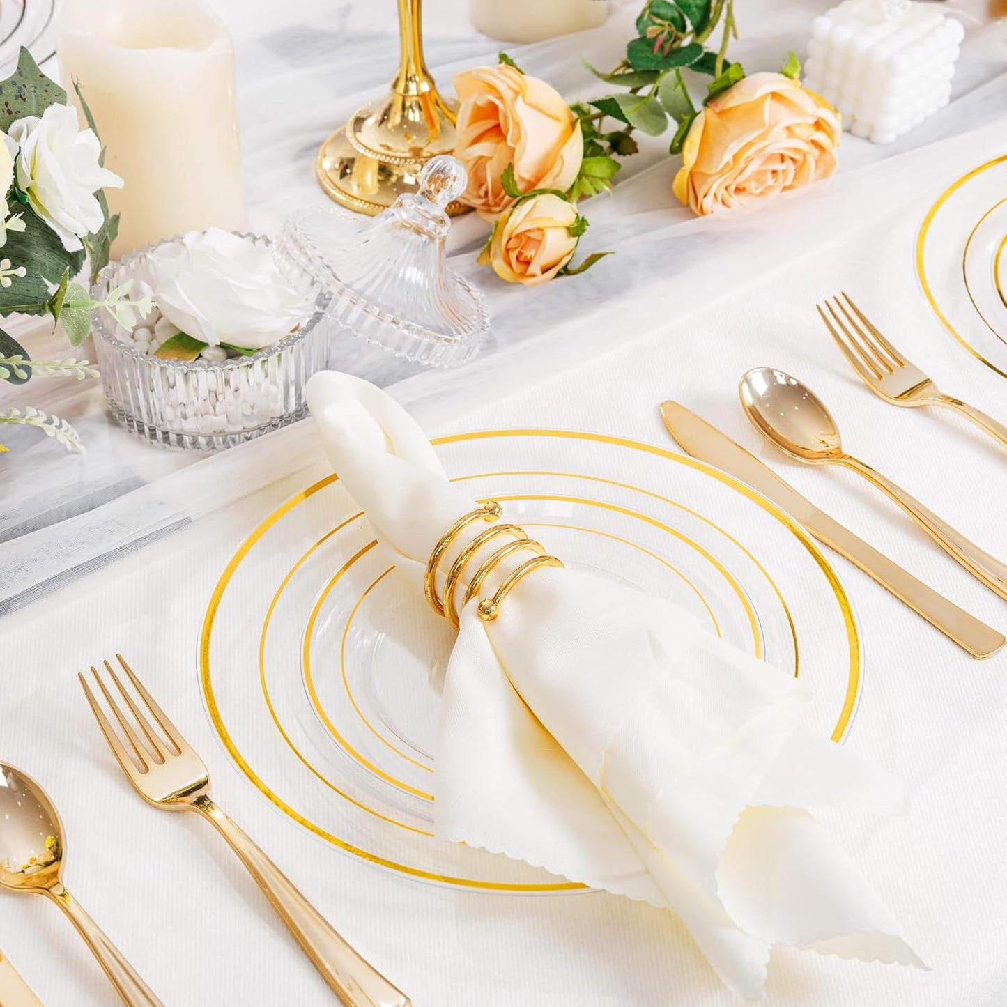 I00000 102 Pcs Clear Gold Plastic Plates - Disposable Party Plates, Gold Disposable Include 51 Dinner Plates and 51 Dessert Plates, Plastic Plates for Party, Holiday, Wedding & Birthday