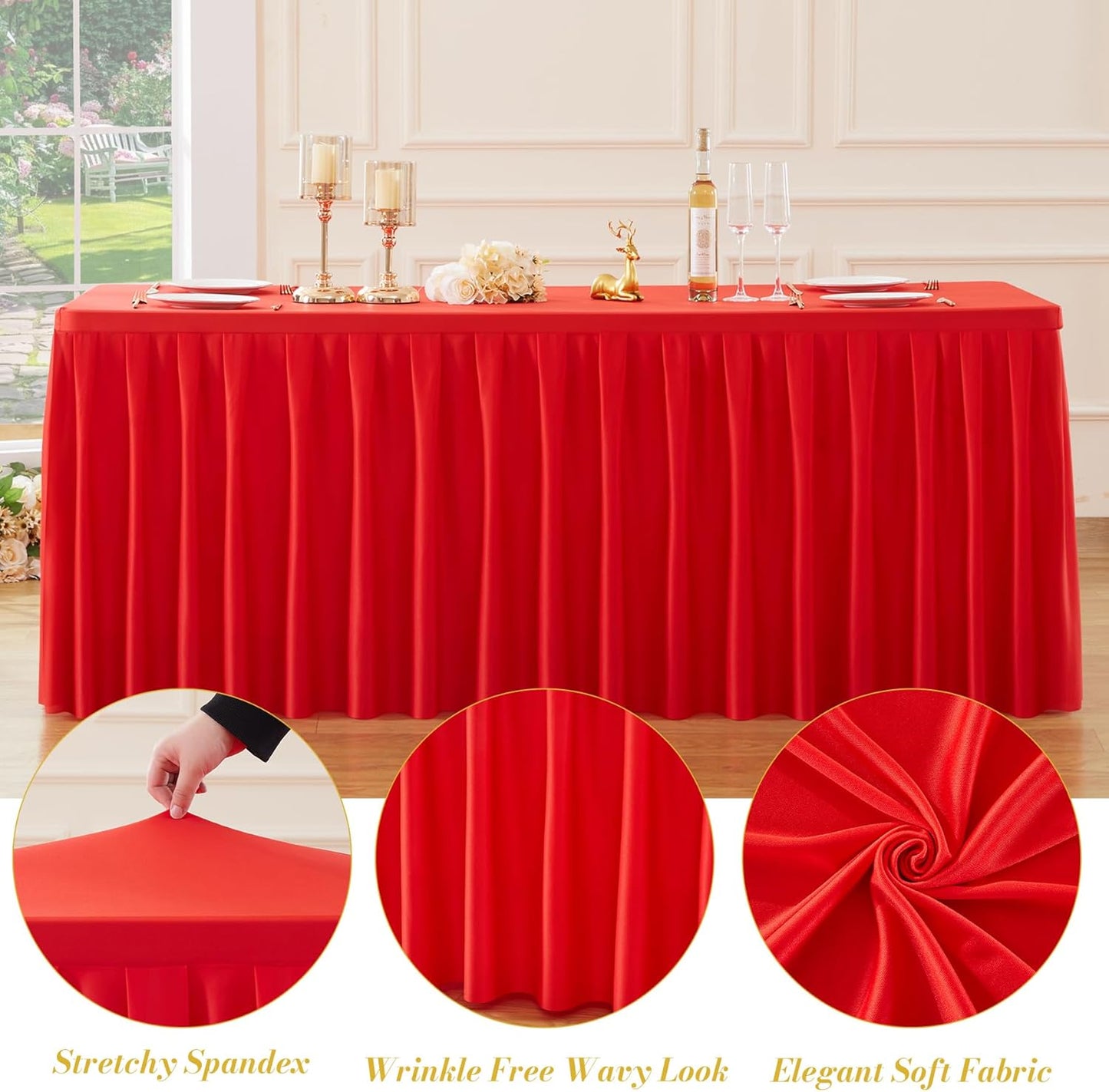 4 Pack Red Rectangle Tablecloth 8 FT Stretch Spandex Fitted Table Cloth for 8 Foot Rectangle Tables Banquet Tablecloths Wrinkle Free Table Cover Skirt Ruffle Tablecloth for Party Wedding Birthday