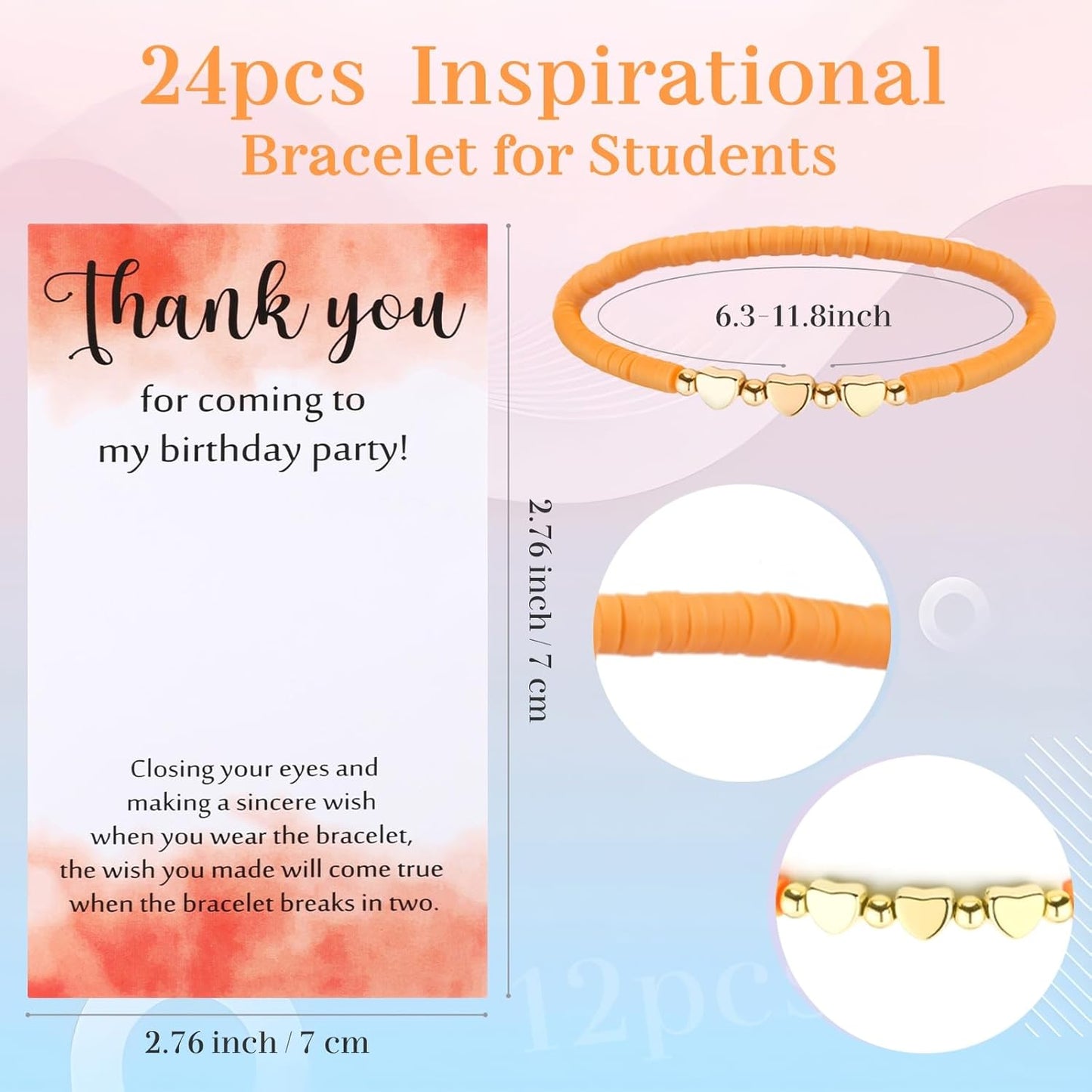 Birthday Party Favor Bracelets Beaded Rainbow Clay Heart Bracelet with Thank You Wish Gift Card for Kids Girls Birthday Party Supplies Bags Suffer with Different Themes