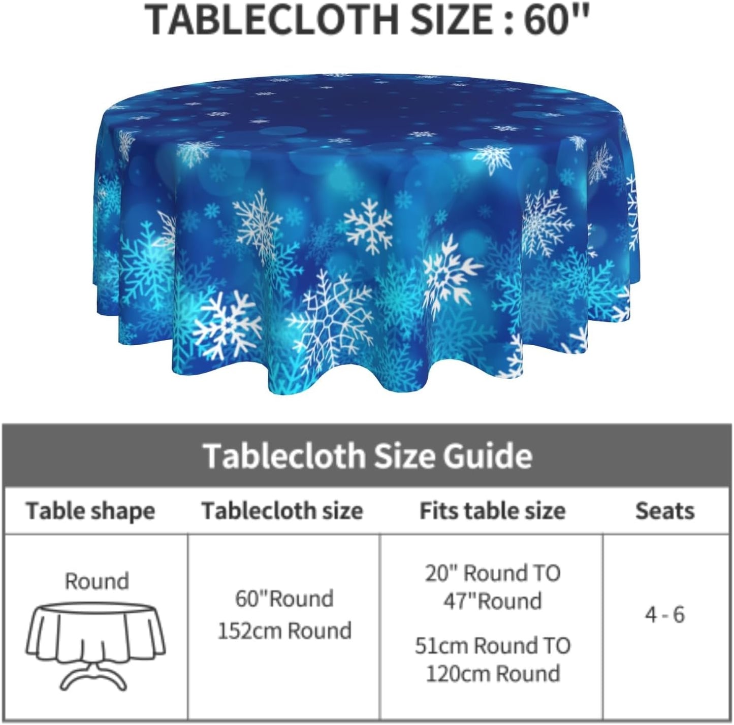 Giwawa Winter Snowflakes Round Tablecloth, Christmas Blue White Snow Table Cloth 60 Inch for Kitchen Dining Decor, Xmas Polyester Fabric Non-Slip Table Cover for Holiday New Year