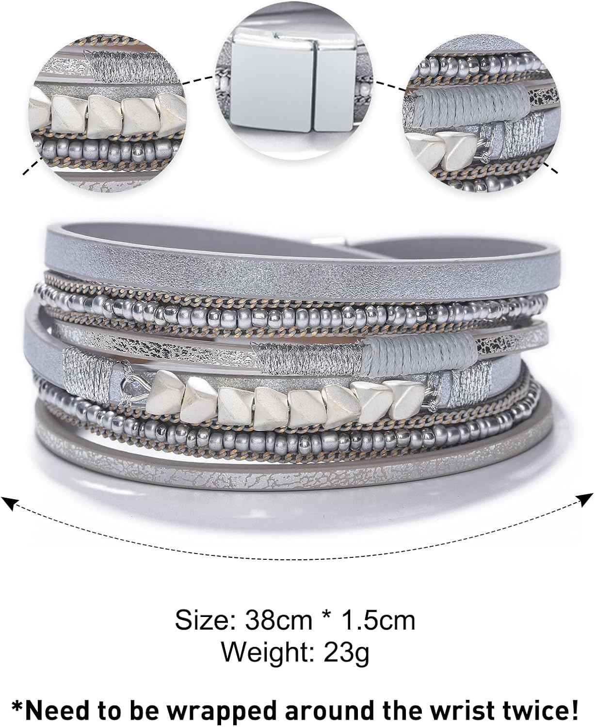 Fesciory Leather Wrap Bracelets for Women, Boho Leopard Multi-Layer Crystal Beads Cuff Bracelet Jewelry