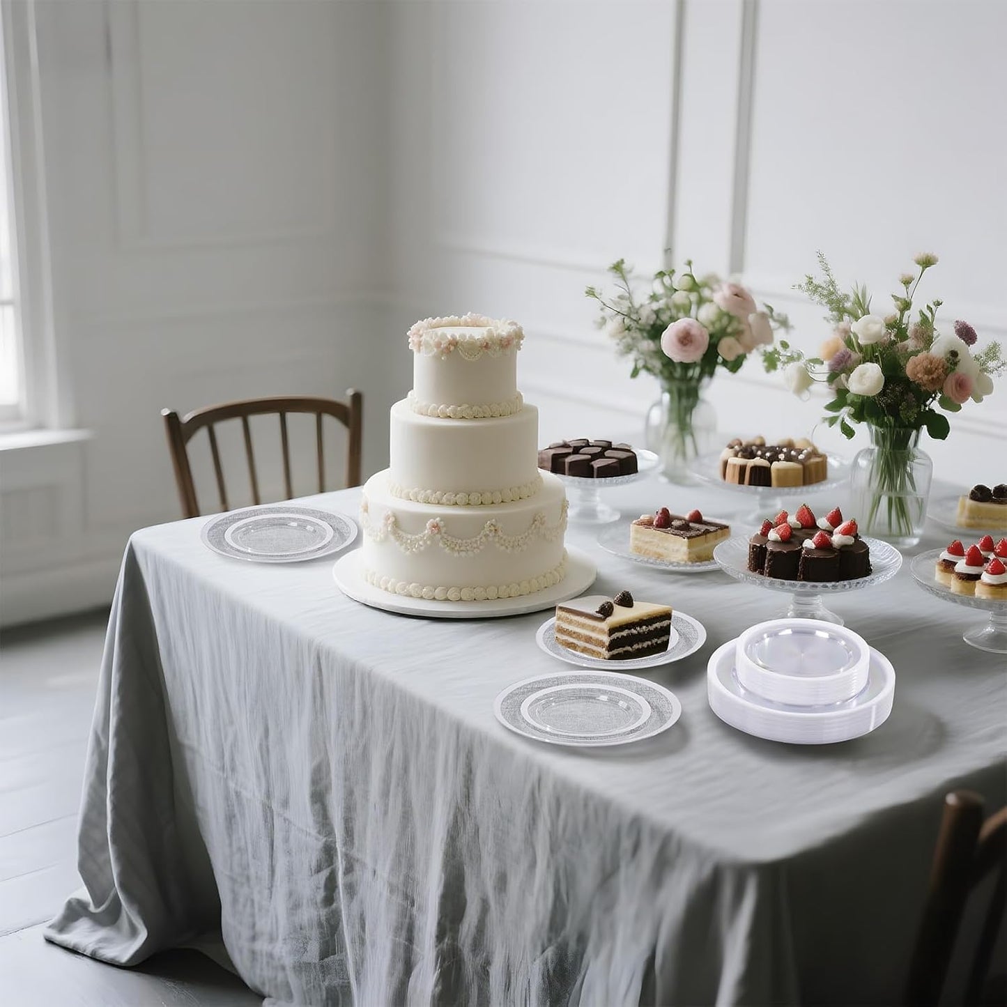 I00000 210 Pcs Clear White Plates for 30 Guests, White Dinnerware Include 60 Plates, 30 Cups, 30 Pre Rolled Napkins with Cutlery Set for Party and Wedding