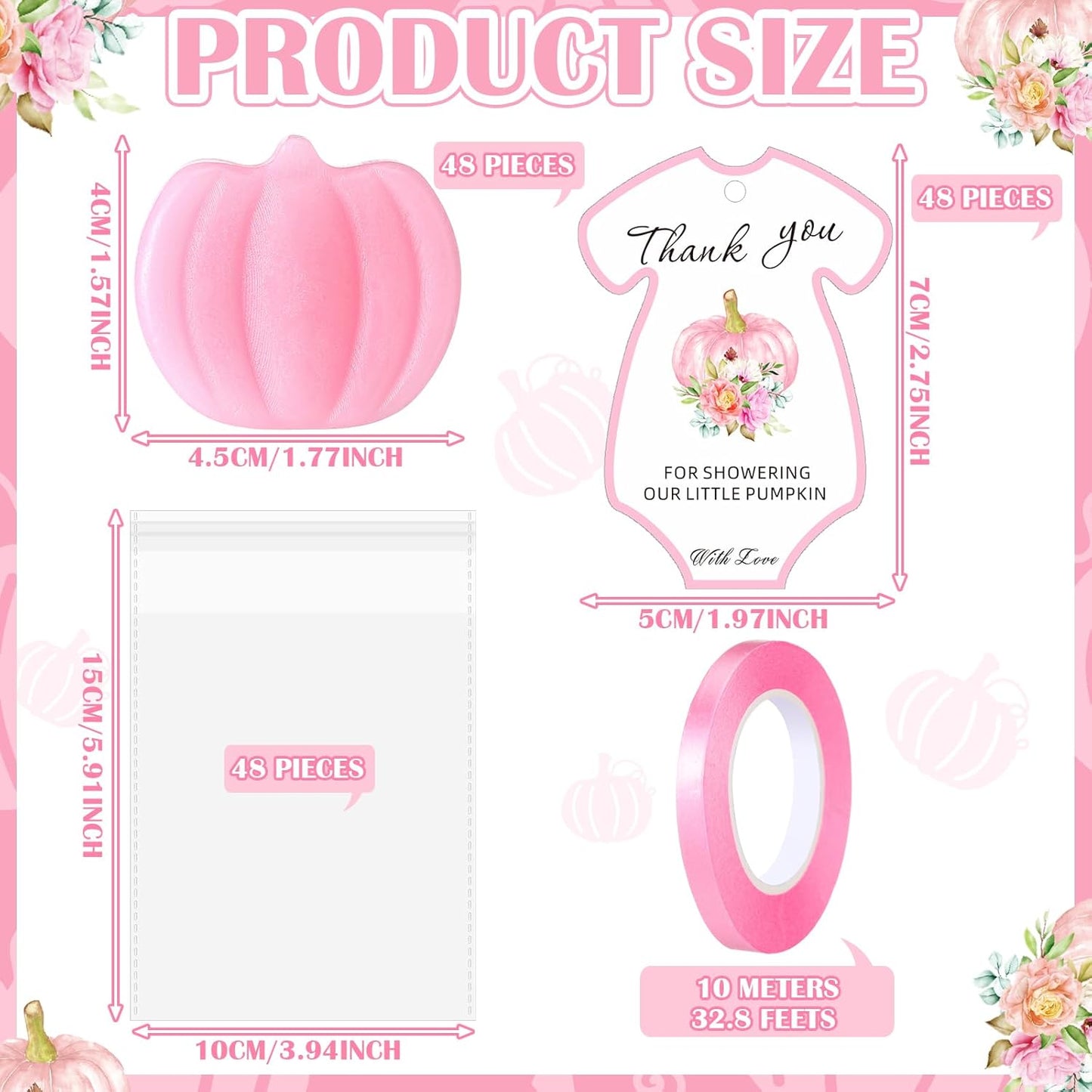 48 Sets Thanksgiving Pumpkin Soap Baby Shower Favor Thanksgiving Bridal Shower Favors Mini Pumpkin Soap Thanks Card Gift Bag with Ribbon for Autumn Guest Wedding Party Decor Gifts(Pink)