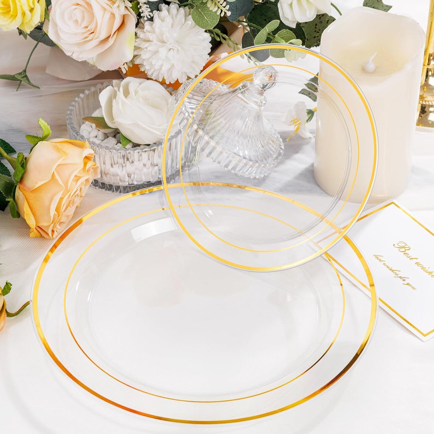I00000 102 Pcs Clear Gold Plastic Plates - Disposable Party Plates, Gold Disposable Include 51 Dinner Plates and 51 Dessert Plates, Plastic Plates for Party, Holiday, Wedding & Birthday