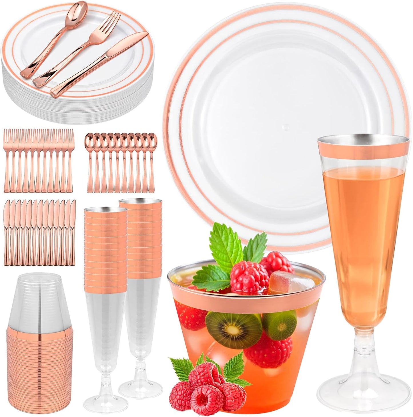 JIURUN 150PCS Rose Gold Plastic Plates Set for 25 Guests, Disposable Dinnerware Set of 25 Dinner, 25 Cups & Champagne Flutes Cups, 25 Spoons, Forks & 25 Knives for Birthday, Wedding & Party Supplies