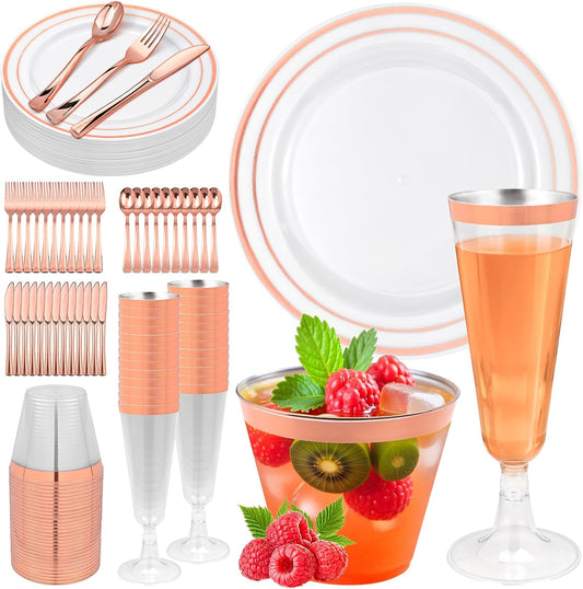 JIURUN 150PCS Rose Gold Plastic Plates Set for 25 Guests, Disposable Dinnerware Set of 25 Dinner, 25 Cups & Champagne Flutes Cups, 25 Spoons, Forks & 25 Knives for Birthday, Wedding & Party Supplies