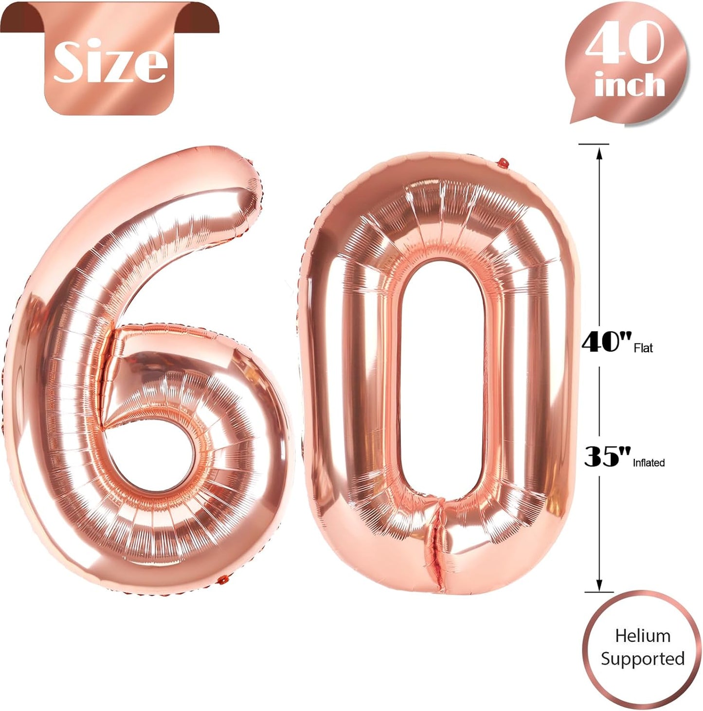 Rose Gold Number 60 Balloon 40 inch, 60 Number Balloons, 60th Birthday Decorations, 60 Year Old Women Men Rose Gold Party Supplies