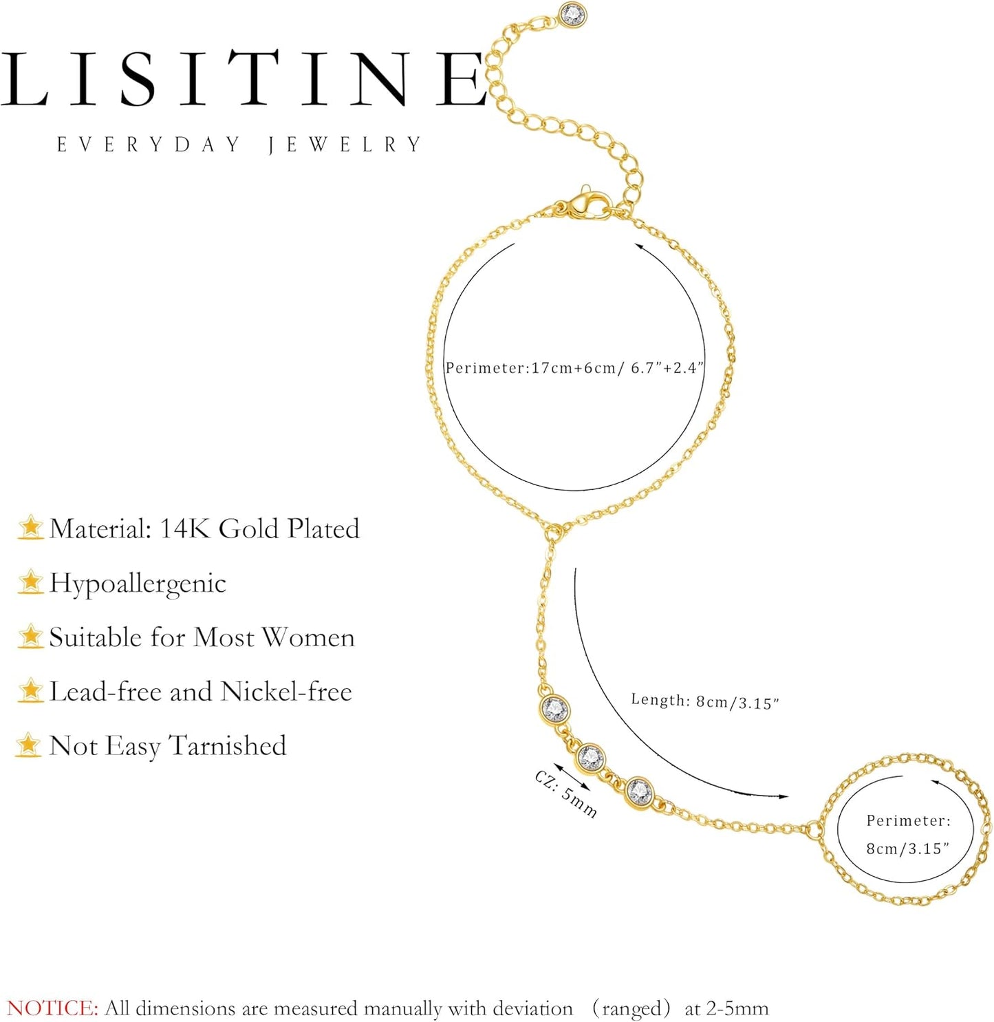 Listine Hand Chain Bracelet 14K Gold Plated Ring Bracelet Hand Chain Trendy Stuff for Women Dainty Hand Bracelets with Finger Ring Hand Jewelry for Women